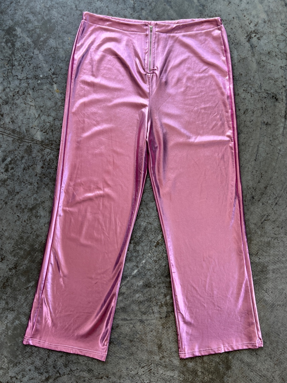 Modern Hero Pink Metallic Pants Women's Large Wide Leg Front Zip Festival Disco